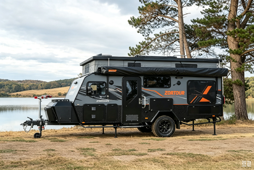 Black off-road rise caravan in a campsite